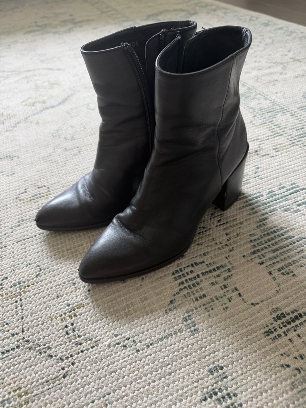 Stuart Weitzman Black Pointed-Toe Leather Ankle Booties with Block Heel